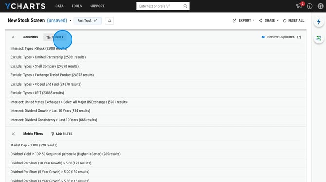 Create a Custom Stock Screen on YCharts - Step 2