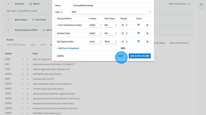 Create a New Mutual Fund and ETF Scoring Model on YCharts - Step 8