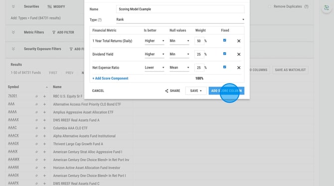 Create a New Mutual Fund and ETF Scoring Model on YCharts - Step 9