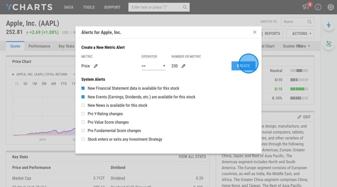 Create a Stock Alert on YCharts - Step 10