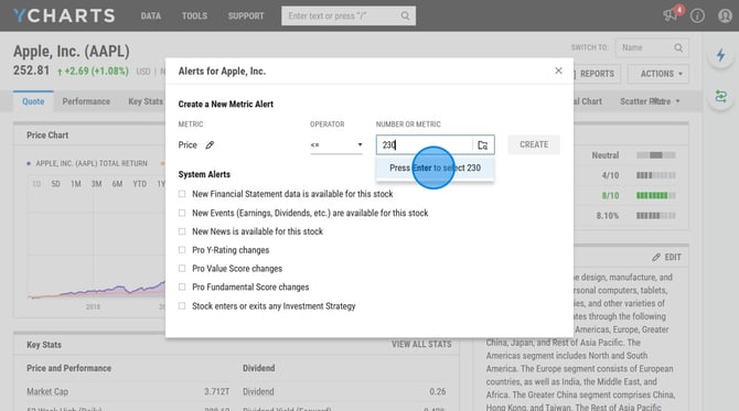 Create a Stock Alert on YCharts - Step 7