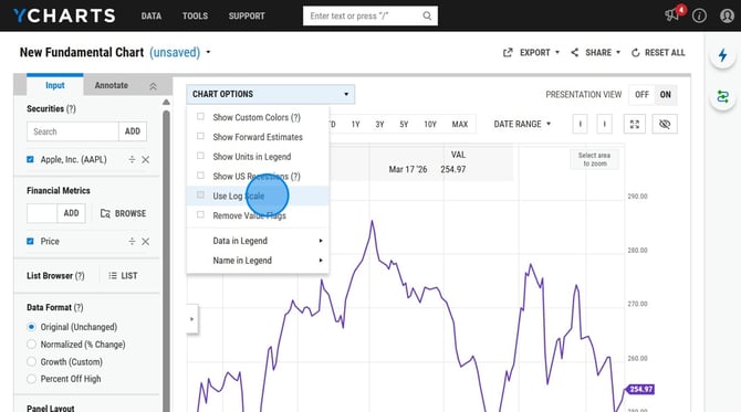 Enable Log Scale on YCharts Price Chart - Step 2
