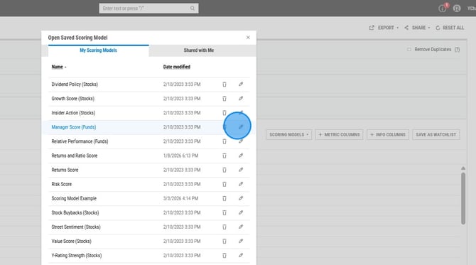 How to Access Saved Scoring Models on YCharts - Step 3