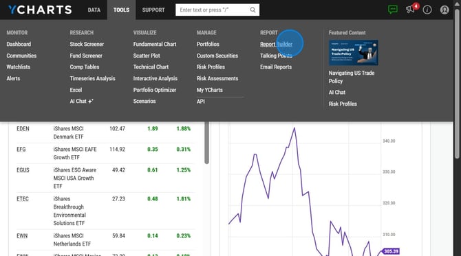 How to Create a Comparison Report of Two Securities on YCharts - Step 2