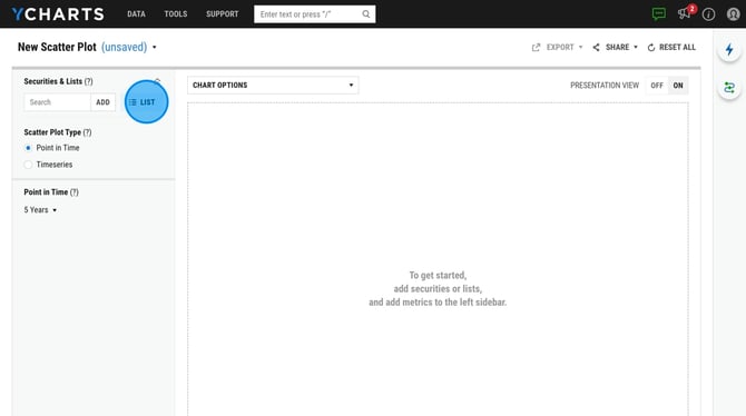How to Create and Save a Custom Scatter Plot on YCharts - Step 1