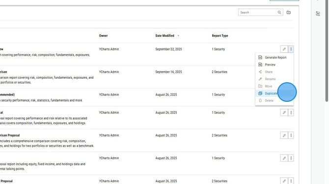 How to Duplicate a Custom PDF Report on YCharts - Step 1