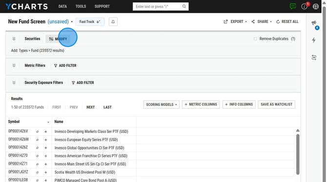 How to Filter Funds by LPL Brokerage Availability on YCharts - Step 1