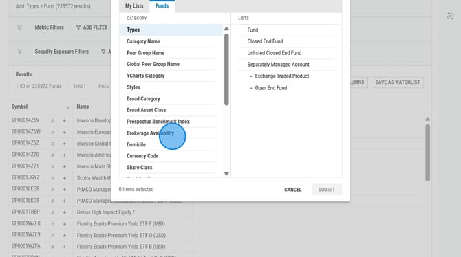 How to Filter Funds by LPL Brokerage Availability on YCharts - Step 2