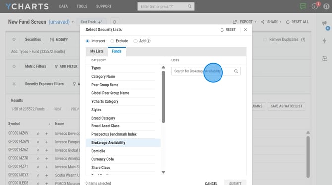 How to Filter Funds by LPL Brokerage Availability on YCharts - Step 3