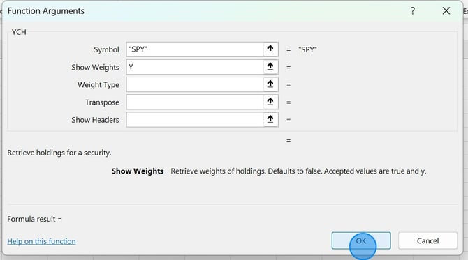 How to Insert Holdings Using Excel Function Arguments - Step 5