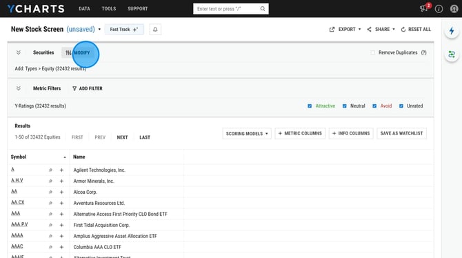 How to Save Your Custom Stock Screen on YCharts - Step 1