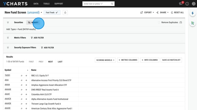 How to Save a Custom Mutual Fund and ETF Screen on YCharts - Step 0