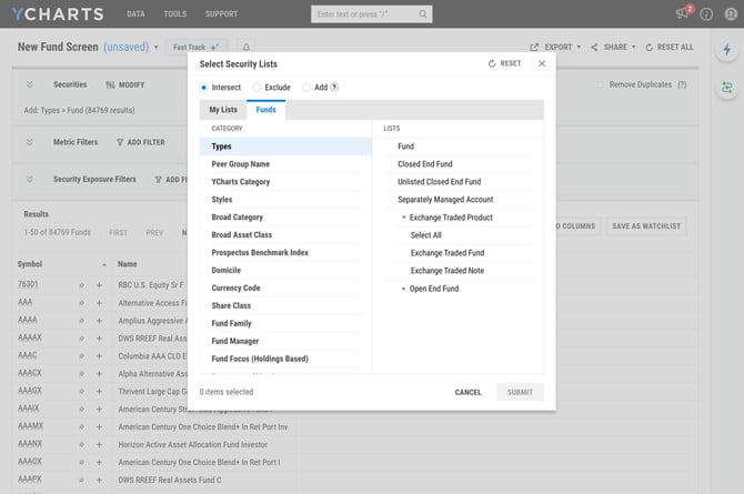 How to Save a Custom Mutual Fund and ETF Screen on YCharts - Step 1