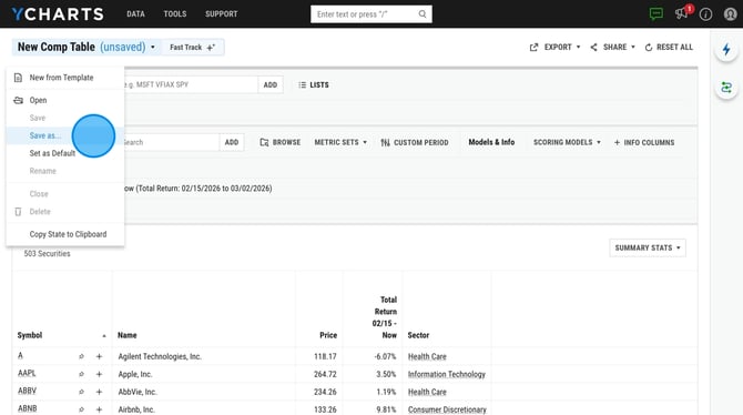 Save a Custom Comparative Table in YCharts - Step 11